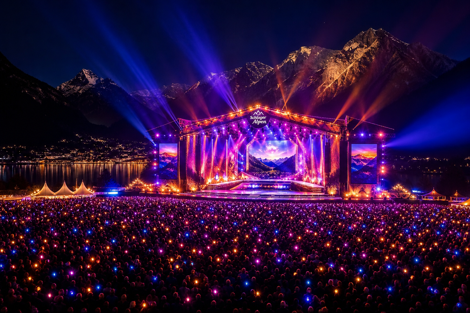 Open-Air-Bühne mit Lichtermeer beim Schlager-Konzert in den Kitzbüheler Alpen