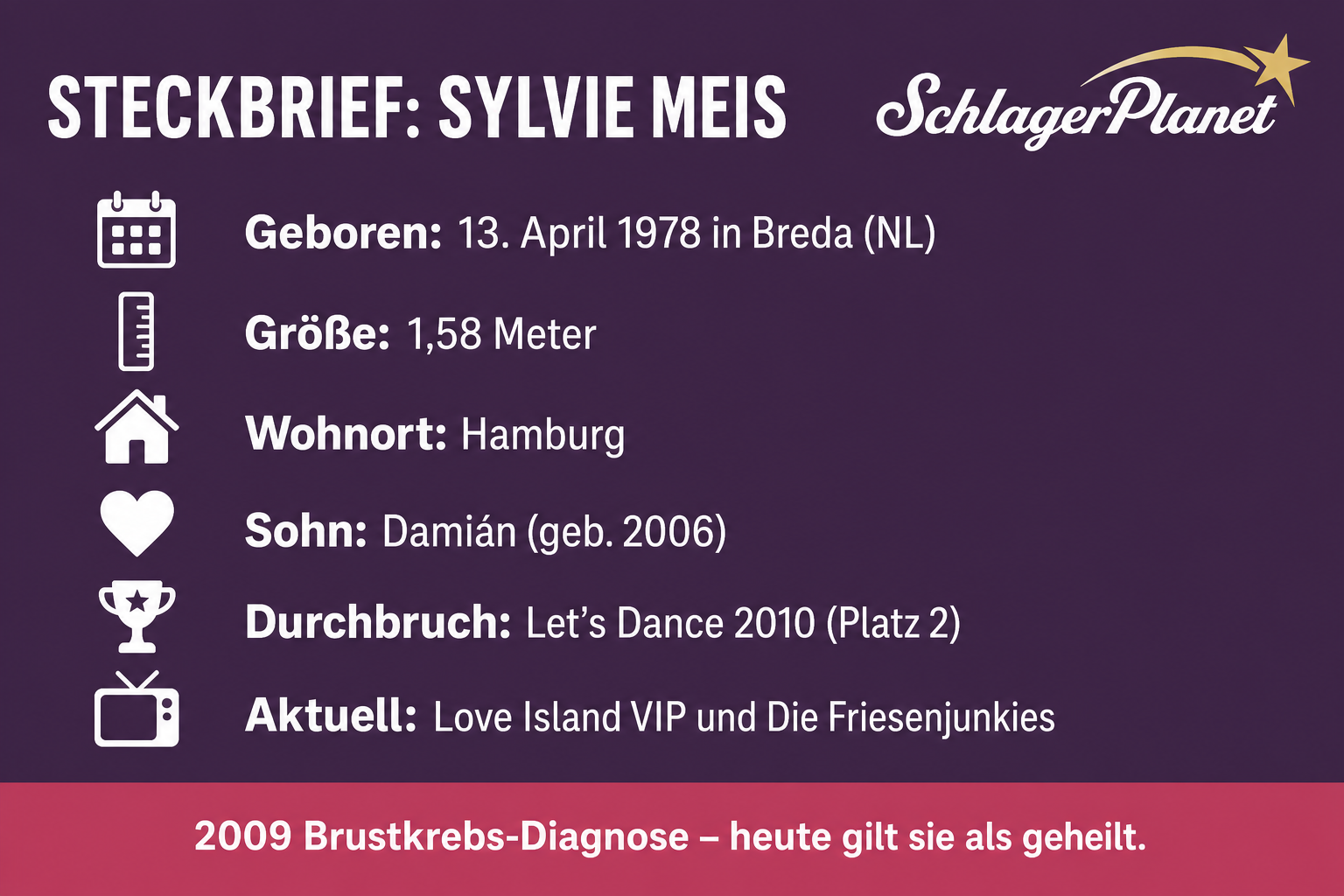 Infografik: Steckbrief Sylvie Meis mit Geburtsdatum, Größe, Wohnort, Sohn und Karriere-Stationen