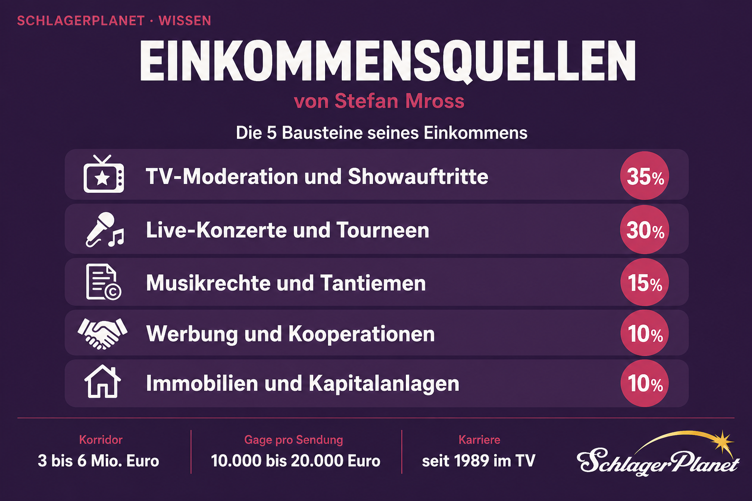 Infografik zu den fünf Einkommensquellen von Stefan Mross mit prozentualer Aufteilung